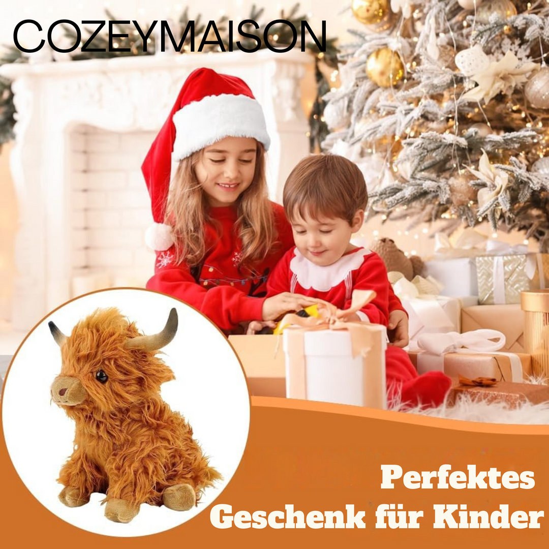 Sort Højlandsko plysdyr, kælende blødt med realistisk pjuskede manke, ideel til børn og babyværelset.