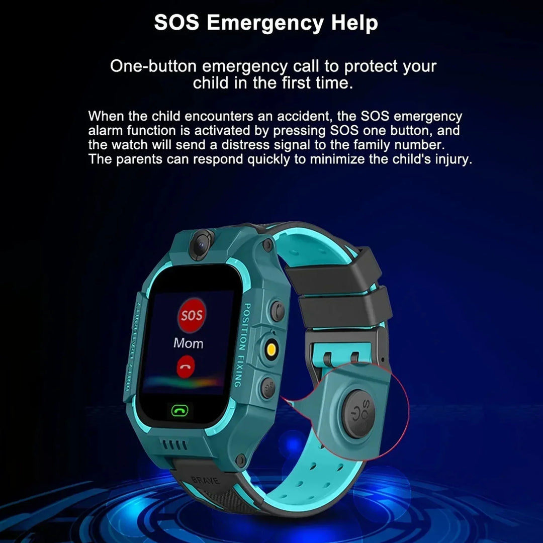 Moderne børne-GPS-ur med blå-lilla rem, realtidssporing, telefonfunktion og sikkerhedszoner.