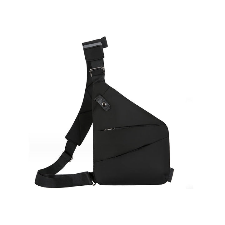 Forsiden af en tyverisikret skuldertaske i sort, med ergonomisk design, sikkerhedsrum og en holdbar nylon-polyesterblanding.